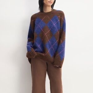 Everlane SuperFuzz Alpaca Crewneck Sweater in brown, blue, and pink argyle
